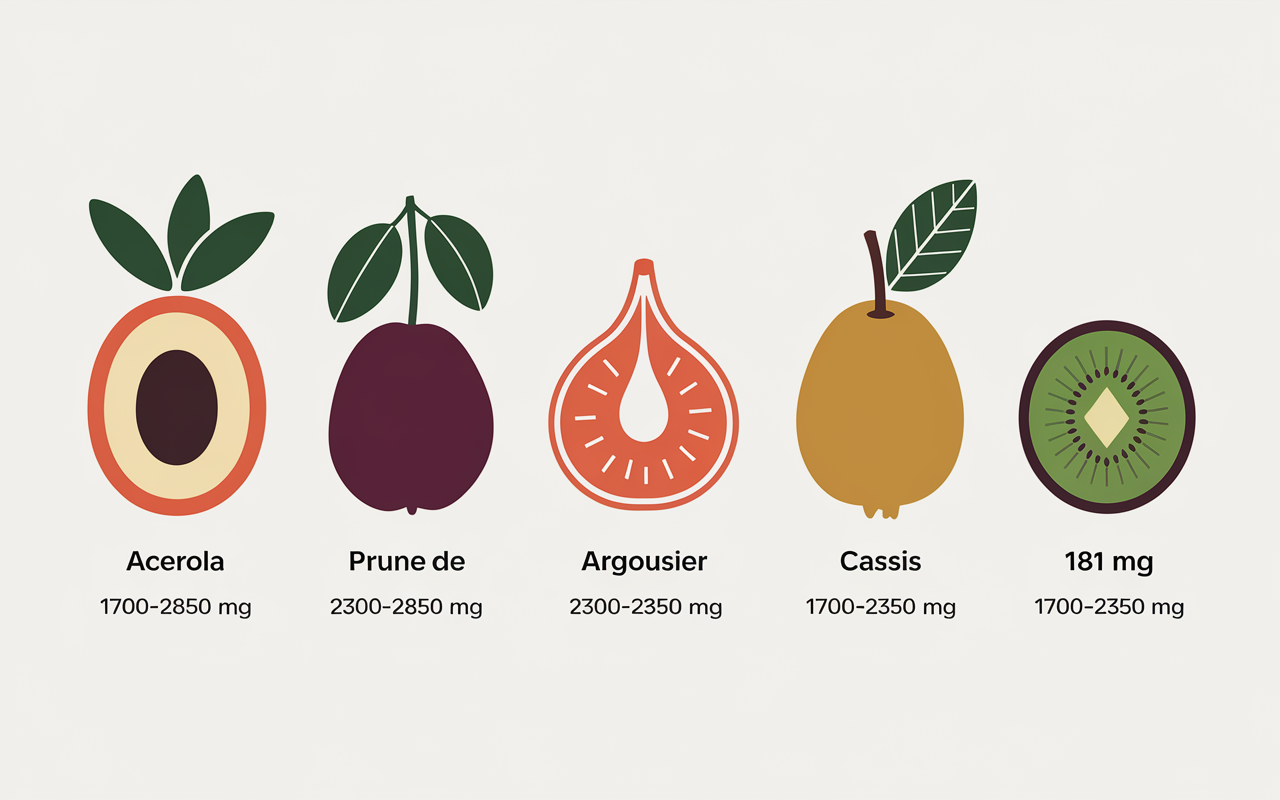 tableau stylisé avec acerola kakadu kiwi cassis et leur teneur en vitamine c