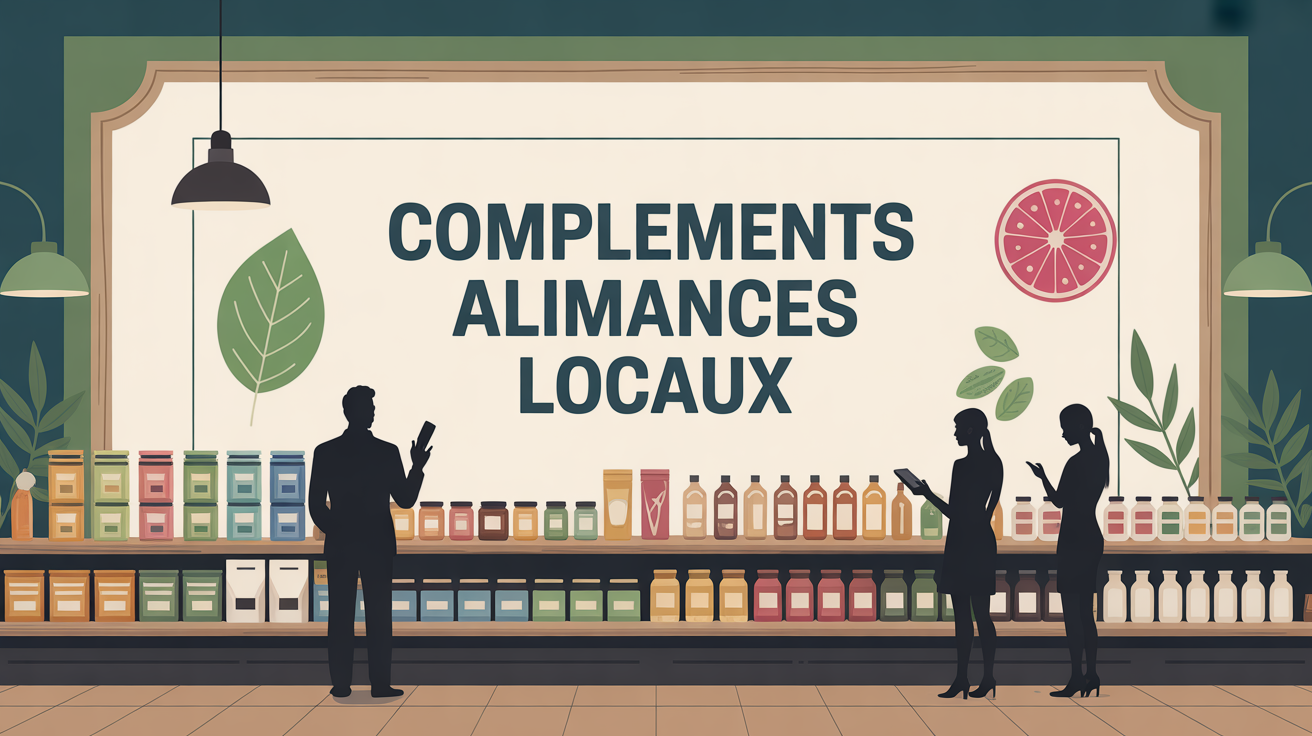 Etalage de compléments alimentaires locaux devant carte magasins conseils