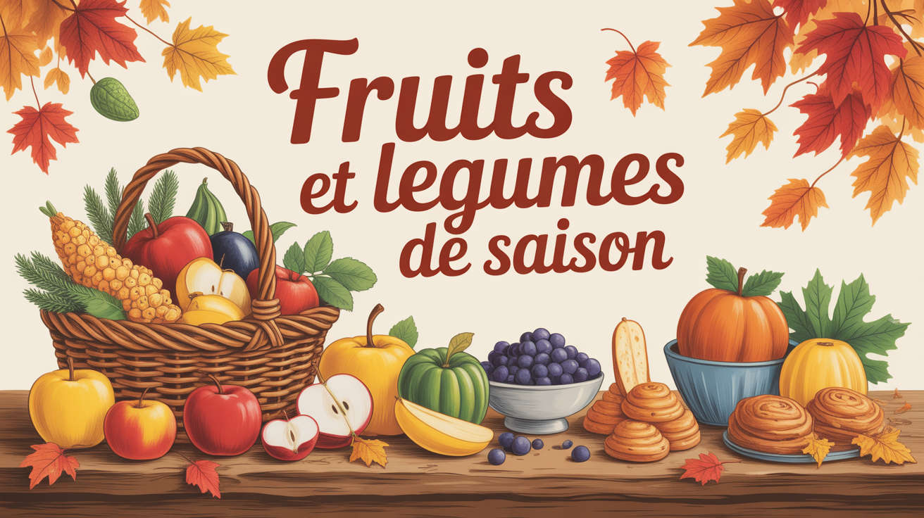 Panier osier fruits et legumes automne sur table bois
