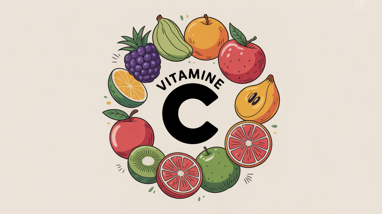 fruits exotiques et locaux disposés autour du mot vitamine c
