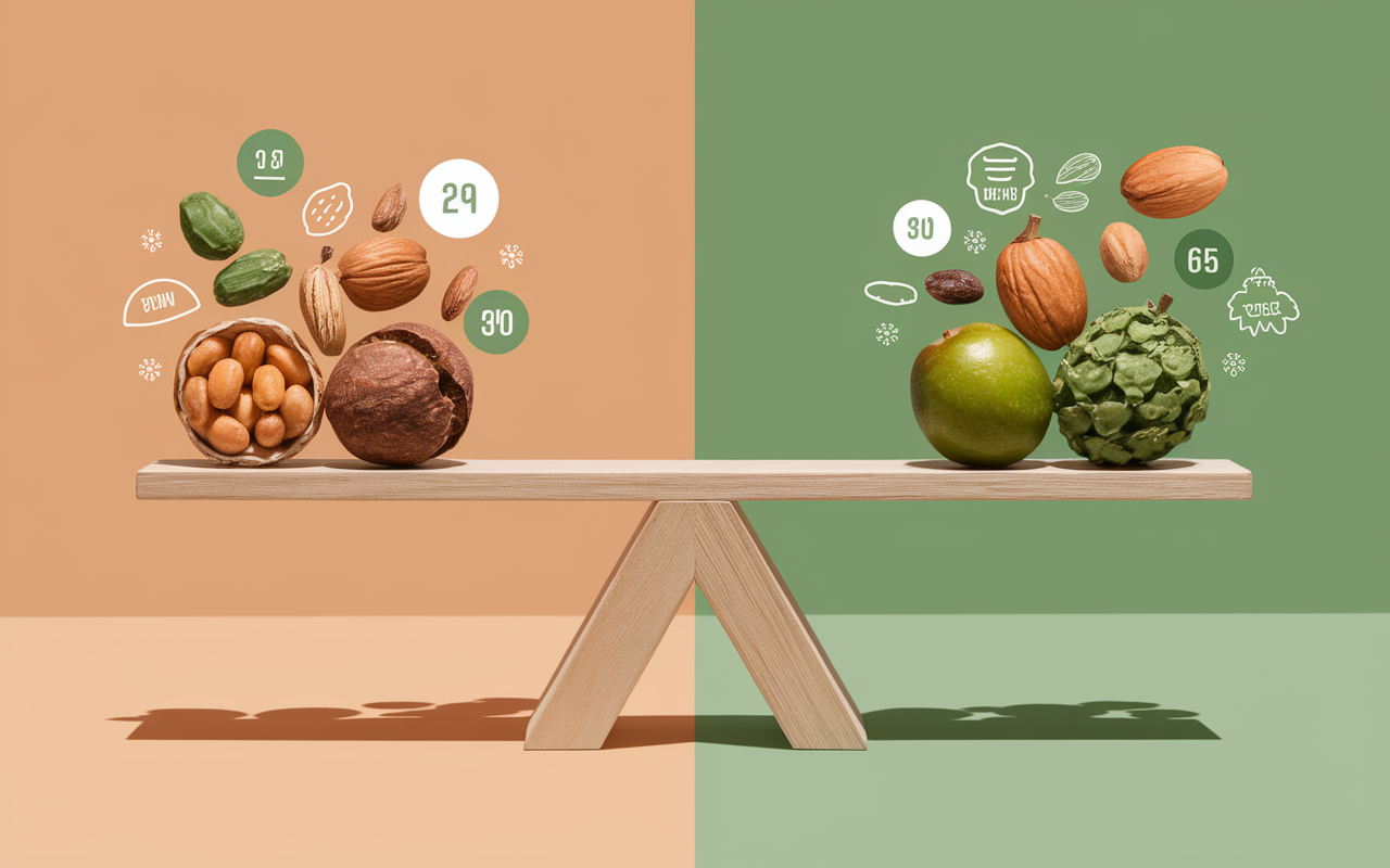 Balance montrant fruits secs contre snacks calories portions