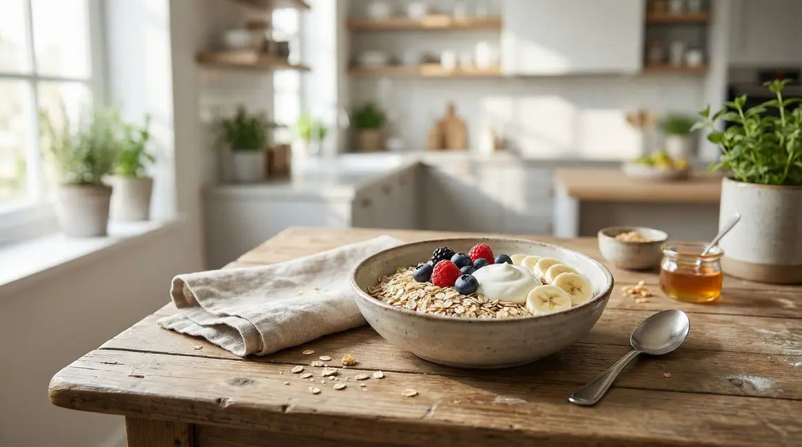 Bol de flocons d’avoine fruits frais yaourt sain