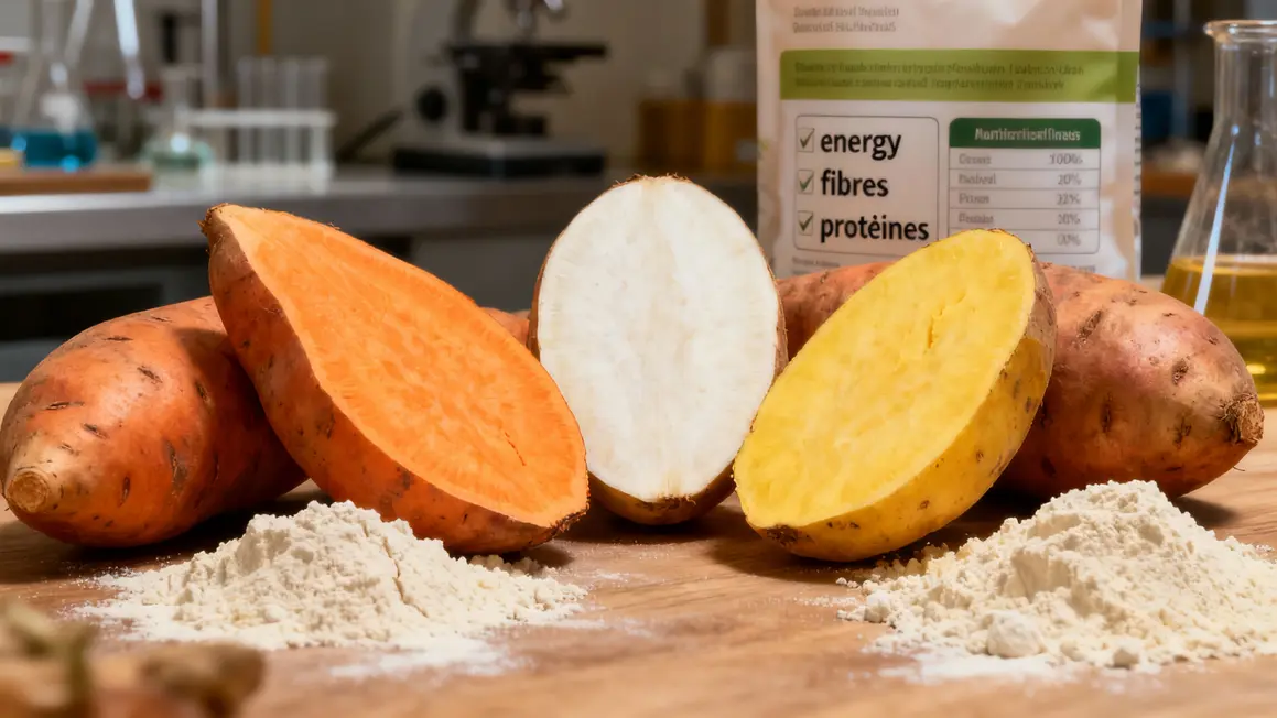 Différentes patates douces et farine avec étiquettes nutritionnelles