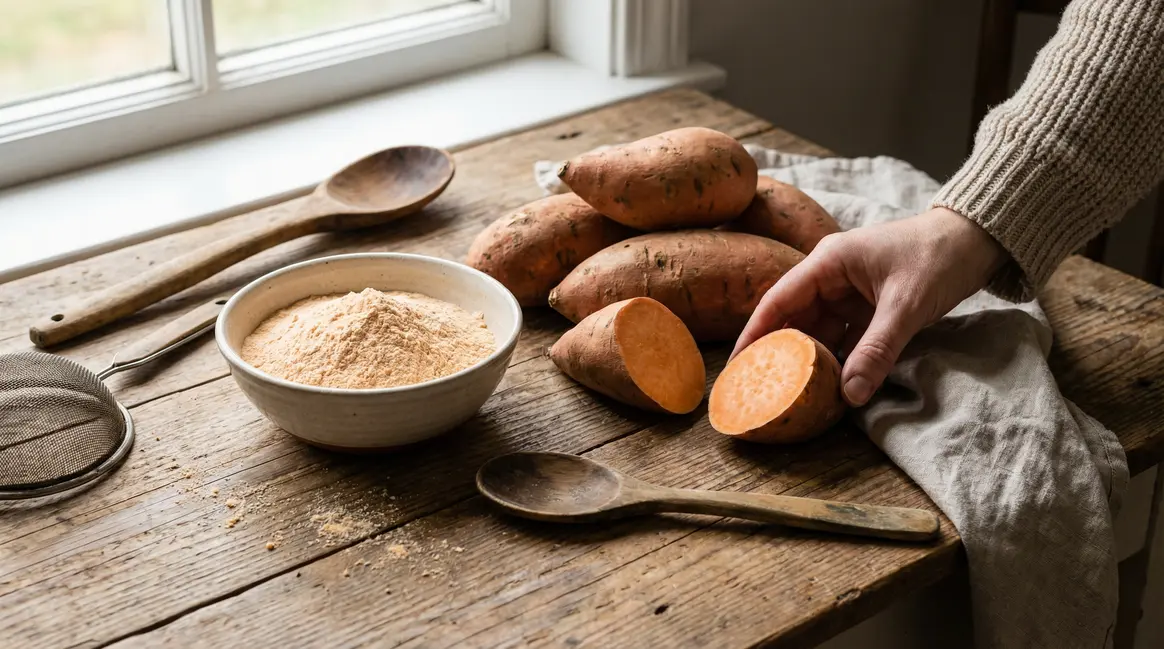 Farine de patate douce et patates douces sur table avec ustensiles