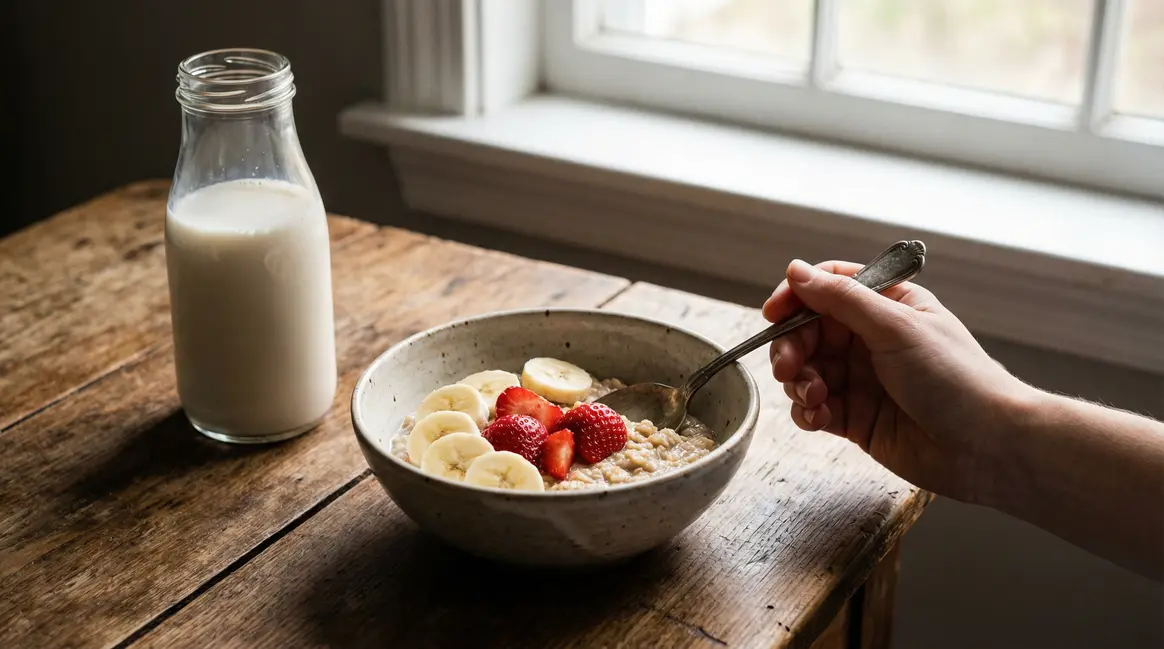 Bol flocons d’avoine avec fruits et lait végétal