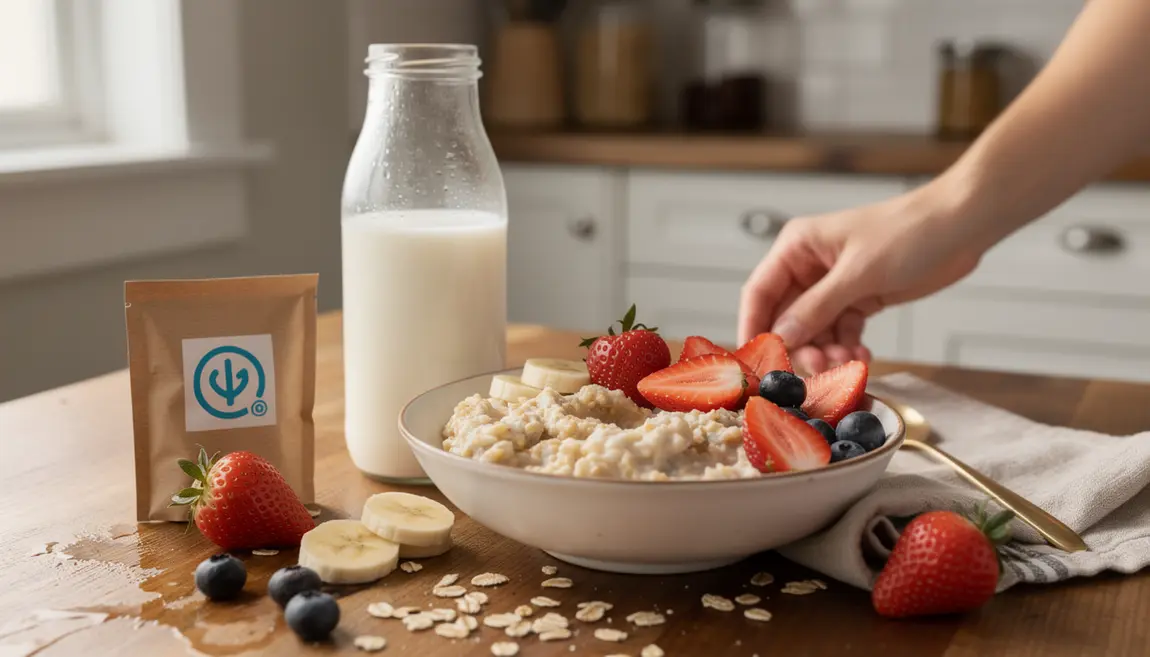 Bol de flocons d'avoine sans gluten avec fruits et lait vegetal