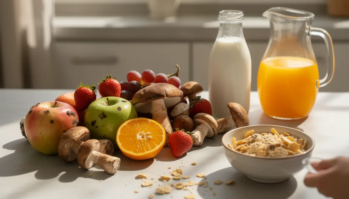 Fruits frais champignons lait vegetal jus cereales vitamine D