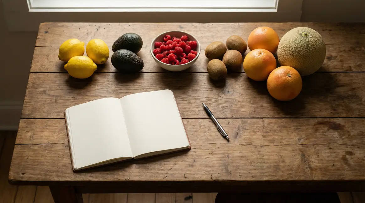 table de fruits les moins sucres citrons avocats framboises kiwis pamplemousses melon organisation repas