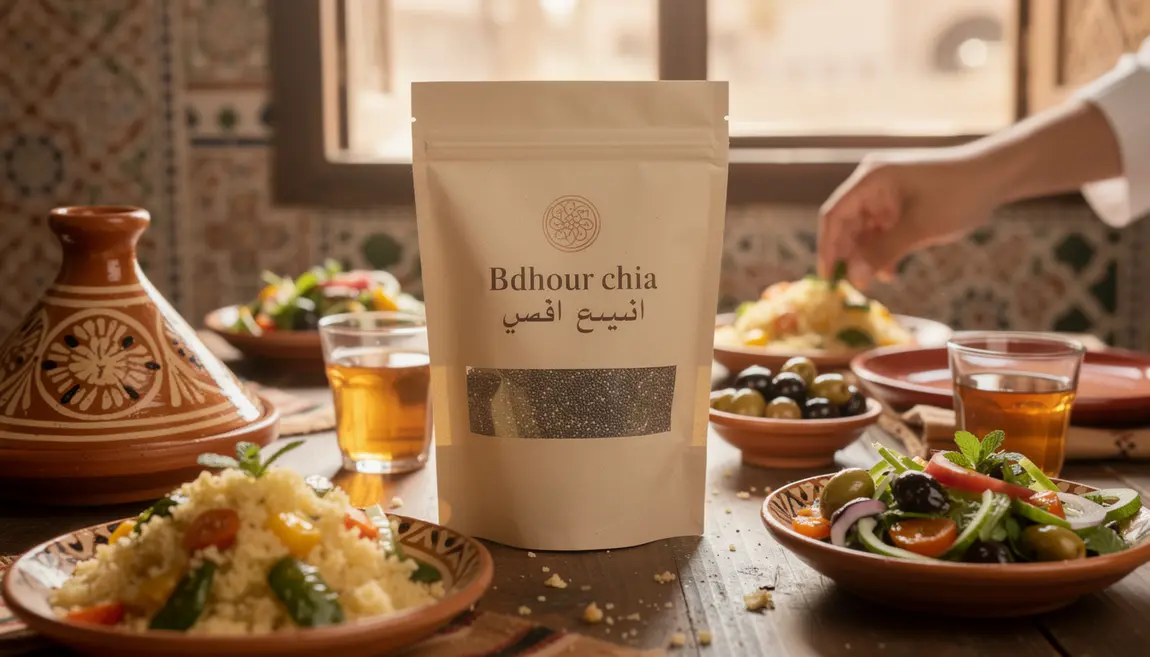 paquet de graines de chia بذور الشيا entouré de plats marocains