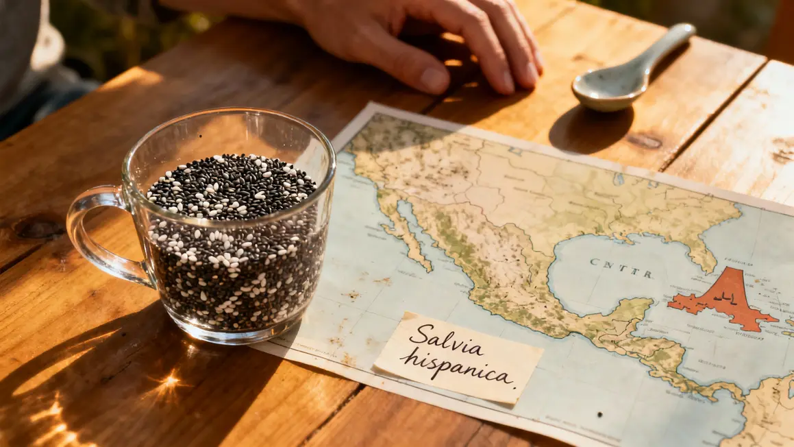 graines de chia noires blanches et carte Salvia hispanica
