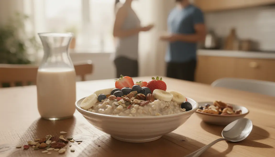 Petit déjeuner sain flocons d'avoine, fruits frais, lait végétal