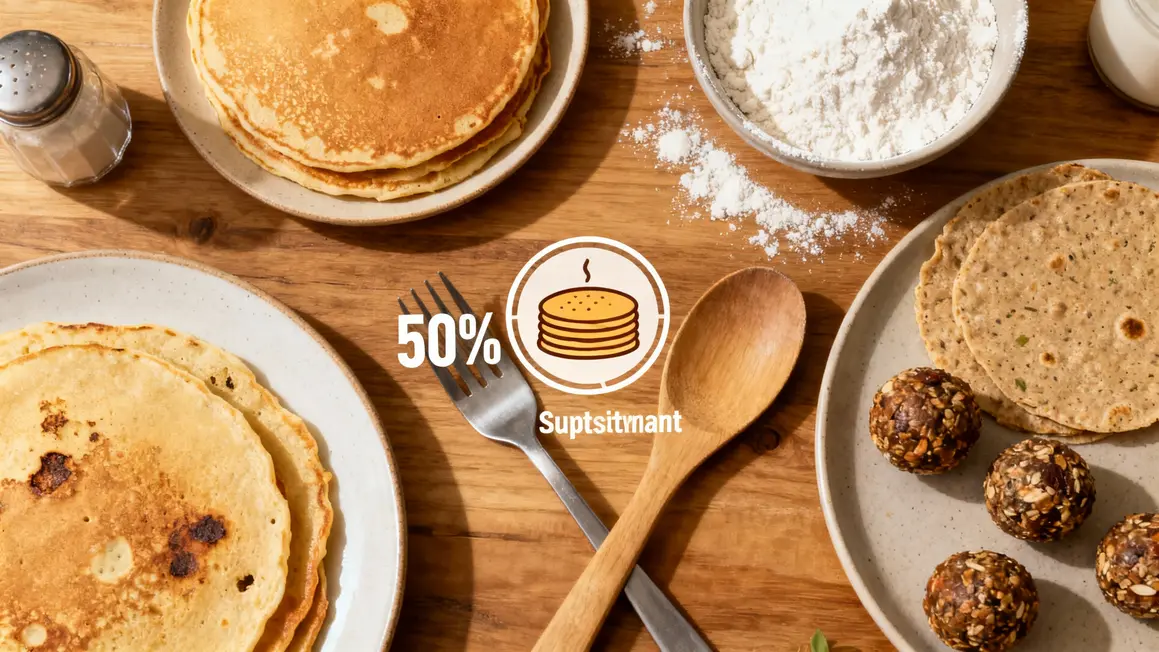 Table de cuisine avec pancakes, galettes et farine de patate douce