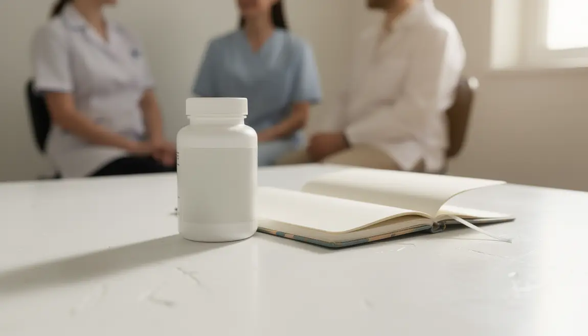 Fortimel compléments nutritionnels sur table blanche, ambiance médicale
