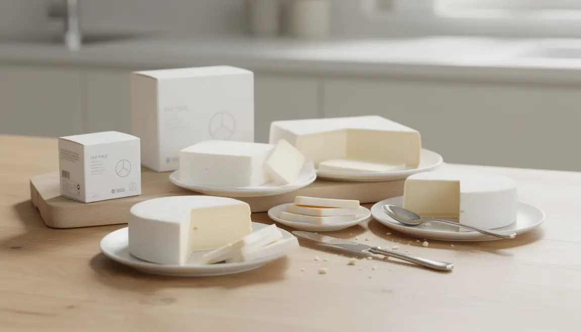 fromage 0 pourcent matiere grasse sur table et etiquettes visibles