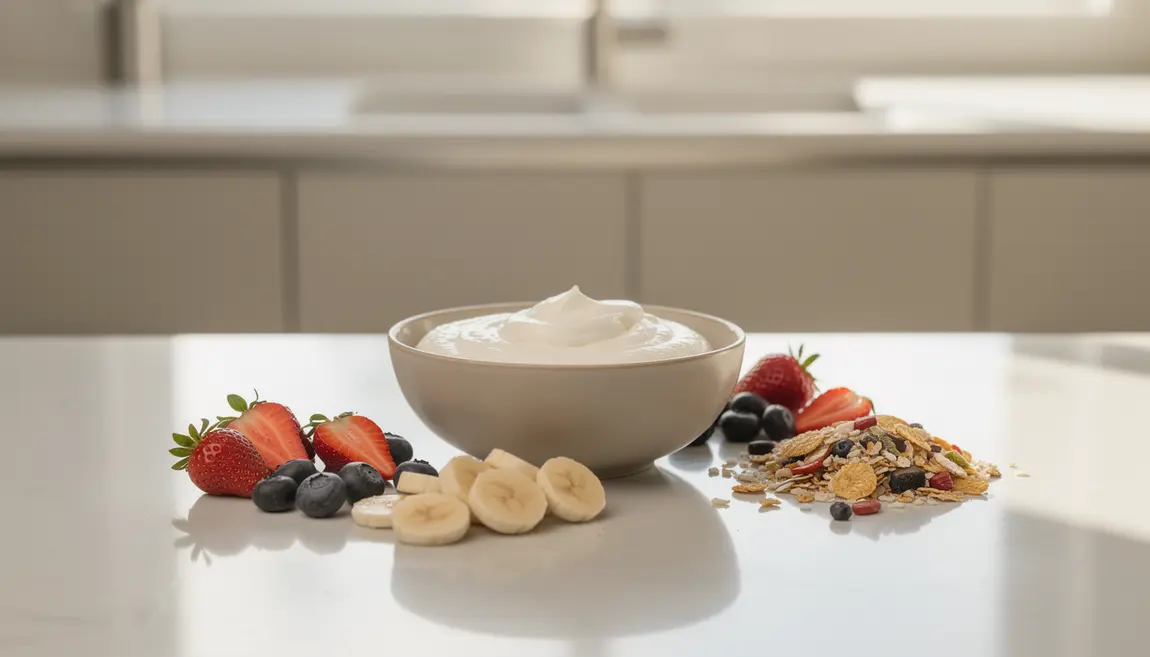 fromage blanc bol fruits cereales ambiance saine