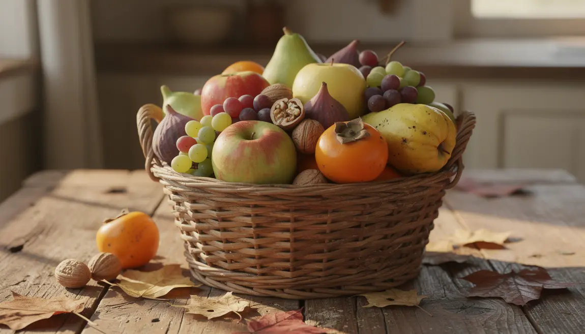 panier fruits de saison automne sur table bois