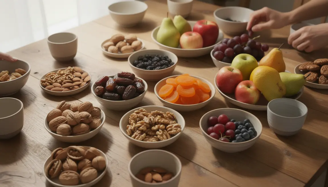 fruits à coque, secs et frais, riches en protéines, vue d'ensemble sur table