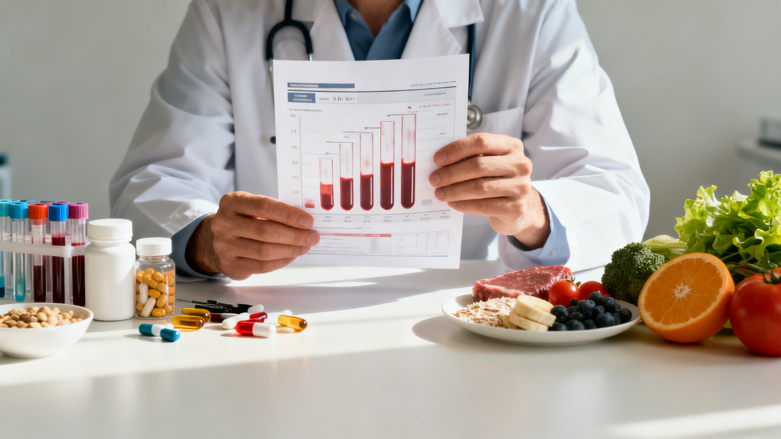 Test en nutrition : médecin avec analyses sanguines et compléments alimentaires