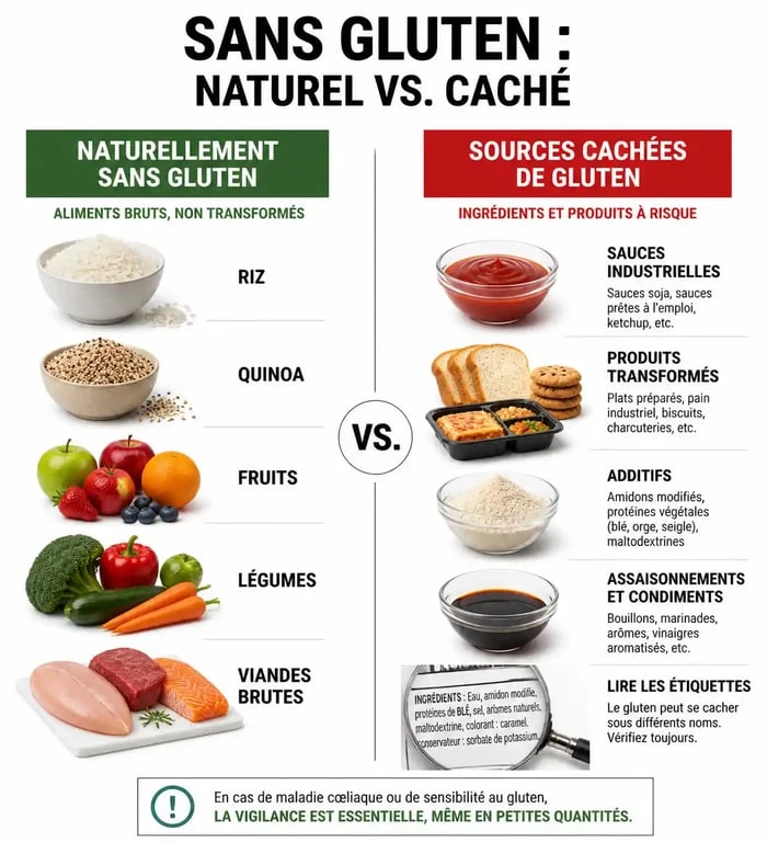 Infographie des aliments sans gluten et sources cachées de gluten pour une alimentation sécurisée