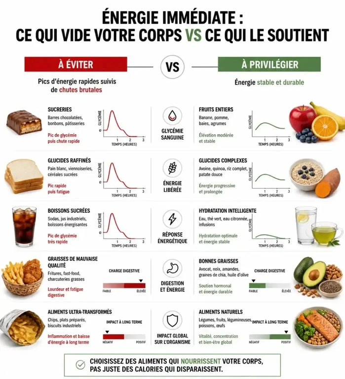 Infographie sur les aliments pour avoir de l'énergie rapidement et éviter la fatigue