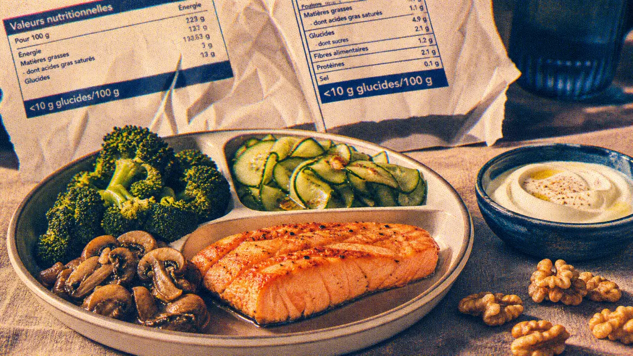 Aliments pauvre en glucide (<10 g glucides/100 g) : saumon, brocoli, yaourt grec, noix.