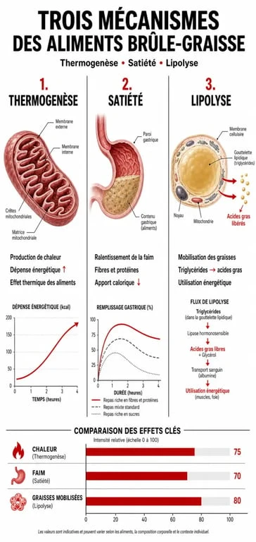Infographie expliquant les mécanismes des aliments brûle-graisse : thermogenèse, satiété et lipolyse