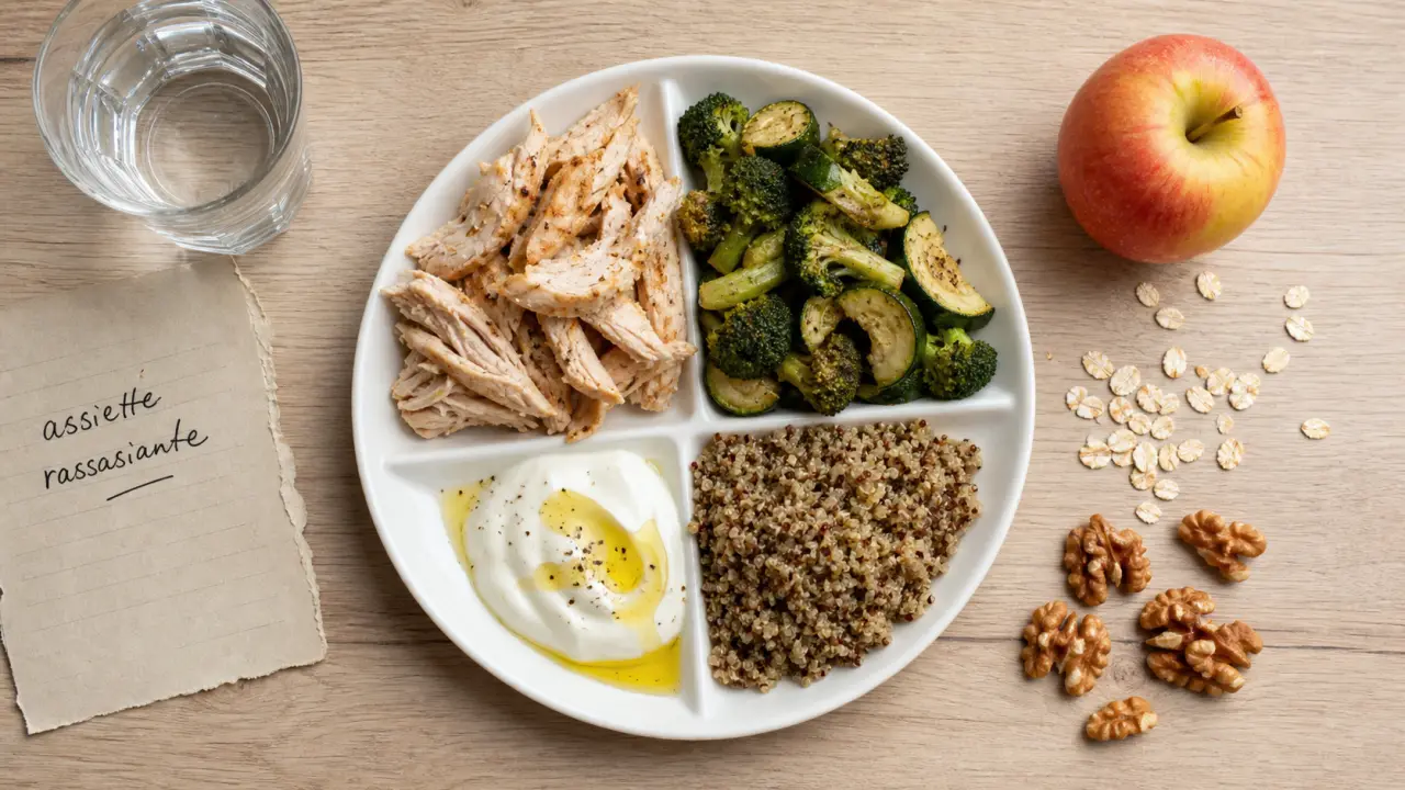 Quoi manger en régime : assiette protéines et fibres, poulet quinoa légumes