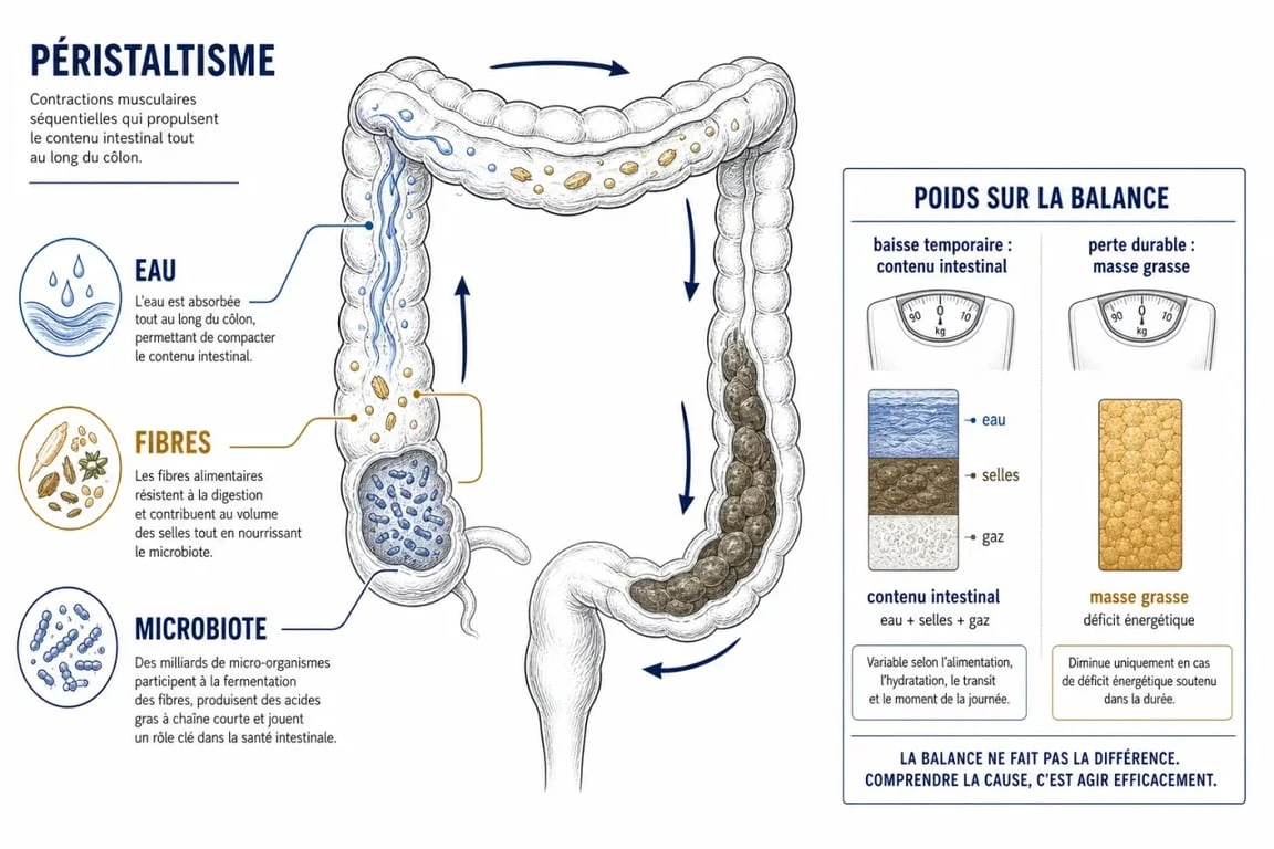 Nettoyage du côlon et perte de poids : schéma expliquant le transit, les fibres et la différence entre perte d’eau et perte de graisse