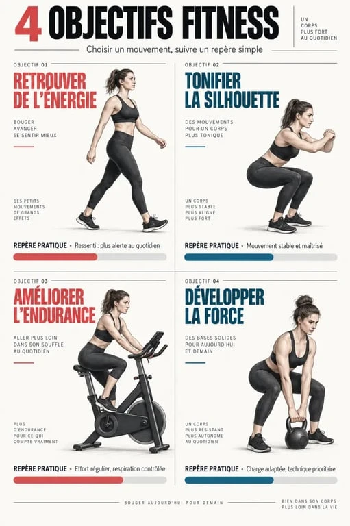 Infographie femmes fitness présentant quatre objectifs d’entraînement et leurs priorités