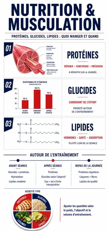 Nutrition pour la musculation : infographie sur les protéines, glucides et lipides autour de l'entraînement