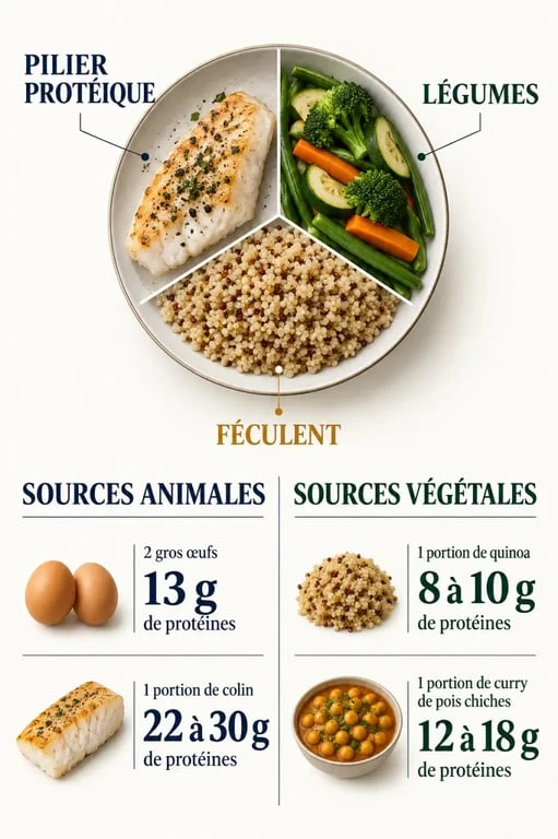 Repas riche en proteine : assiette équilibrée et comparaison des sources animales et végétales