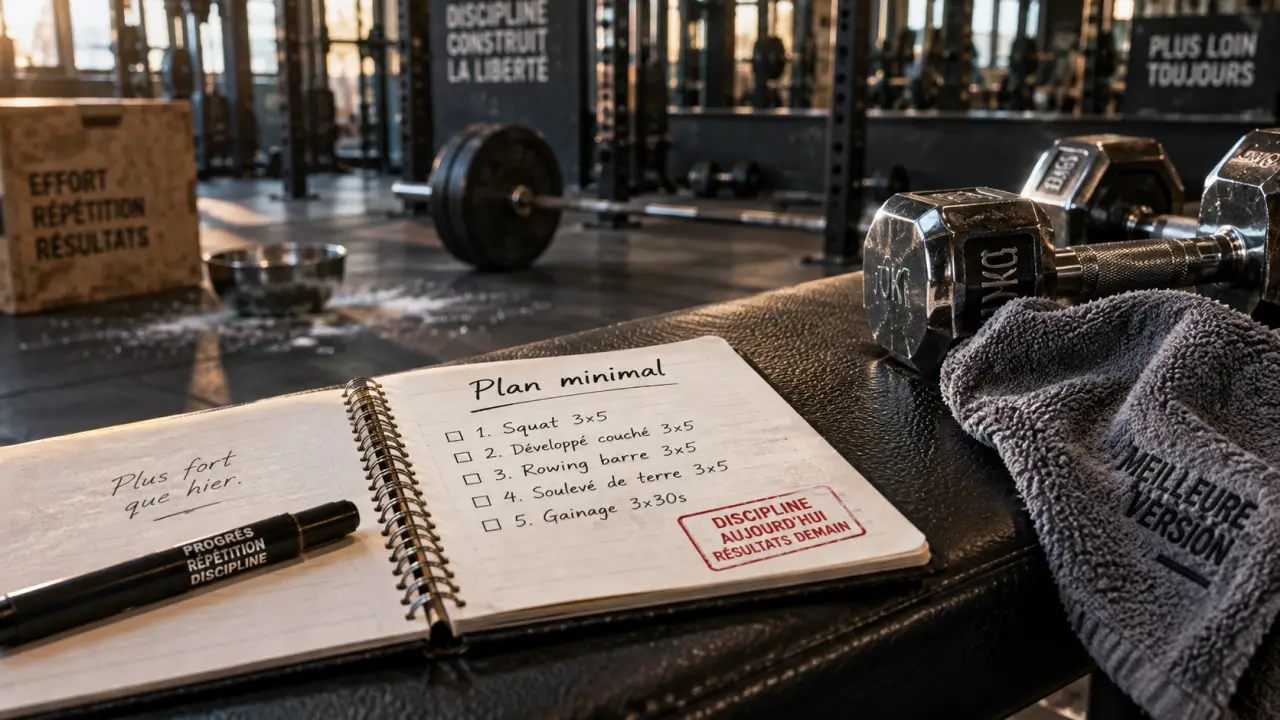 Motivation musculation : plan minimal sur carnet près des haltères