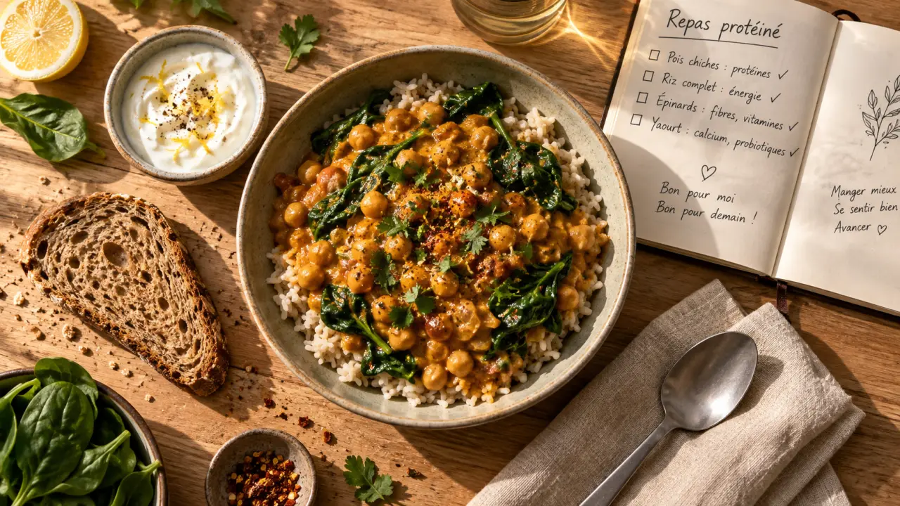 Repas riche en proteine : curry de pois chiches et riz, yaourt citronné